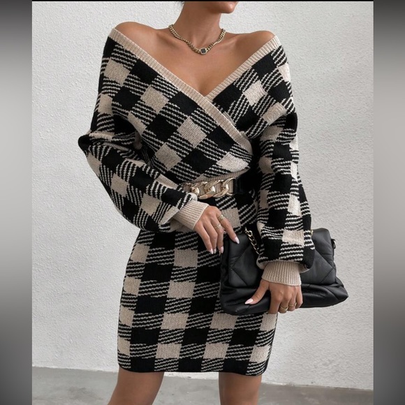 Dresses & Skirts - Classic Elegant Plaid Pattern Surplice Neck Sweater Dress Without Belt